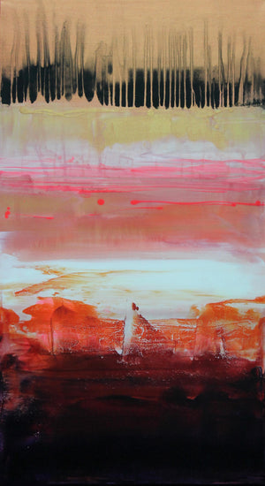 Minimalist landscape art with layered textures and vibrant colors. Abstract painting featuring earthy tones, geometric patterns, and a serene horizon.