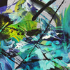 Large abstract painting with bold brush strokes in shades of green, blue, and black. Vibrant colors and dynamic composition create a sense of movement and energy. Textured surface adds depth and visual interest to the modern, earthy artwork.