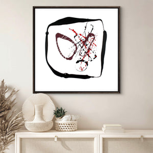 Minimalist Abstract Art | Dancing All Night I 34x34" 

This image shows a framed square abstract painting featuring bold black shapes against a neutral background. The artwork has a modern, minimalist aesthetic with splashes of red, creating a dynamic and expressive visual representation.