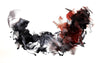 Large abstract painting featuring bold, expressive brushstrokes in black, white, and red hues on a white background.