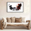 Expressive abstract landscape painting in black, white, and red colors displayed in a modern living room setting with a wooden daybed and neutral-toned pillows.