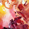 Vibrant abstract painting with swirls of fiery orange, vivid pink, and deep red brushstrokes, evoking a sense of dynamic movement and energy.