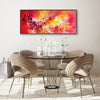 Vibrant Orange Abstract Painting | Quiet Flame II - Large, modern abstract art with fiery orange and yellow tones, displayed in a stylish dining room setting with a glass-top table and beige upholstered chairs.