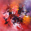 Vibrant abstract canvas art depicting a fiery, colorful explosion of red, orange, and purple hues. Dynamic brushstrokes and blended paint create an energetic, emotive abstract composition. The intense color palette and expressive style evoke a sense of passion, heat, and movement.