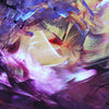 Vibrant abstract canvas painting with swirling brushstrokes in shades of purple, orange, and white, creating a dynamic and captivating artwork.