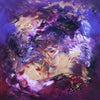 Vibrant abstract painting of earthy purple and gold colors, featuring dynamic brushstrokes and a captivating composition. Large abstract canvas artwork with striking visual interest.