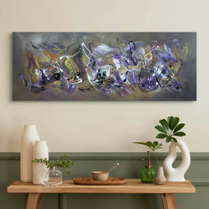 Large abstract artwork titled "Dance with Me" featuring earthy tones of brown, green, and purple. The painting has a dynamic, energetic composition with expressive brushstrokes and abstract shapes. This original canvas art would make an impactful addition to any modern or contemporary home or office decor.