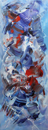 Vivid Abstract Canvas Art - Vibrant blue, red, and purple brushstrokes create a dynamic, energetic abstract painting on a large canvas.