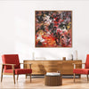 Large abstract painting on the wall | Set Me Free 36x36"
This captivating abstract artwork features a vibrant blend of warm earthy tones, creating a striking focal point in the modern living space. The large canvas painting dominates the room, surrounded by sleek wooden furniture and plush red armchairs, exuding a sense of refined sophistication.