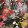 Vibrant abstract art canvas
A large, colorful abstract painting depicting dynamic swirls of gray, red, and yellow hues, creating a lively and visually striking composition.