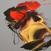 Vibrant abstract art with fiery red and yellow brushstrokes against a dark background, creating a dynamic and emotive visual composition.