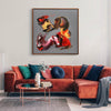 Large abstract painting of vibrant, fiery colors and gestural brushstrokes displayed on the wall above a modern sectional sofa with plush pillows in complementary shades of orange, red, green, and blue. The painting, titled "Fiery Symphony III", is an original abstract art piece from the Paresh Nrshinga Abstract Art collection, showcasing the artist's unique style and use of color.