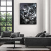 Dramatic black and white abstract art | Large canvas painting of intricate floral patterns displayed in modern living room setting