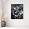Large black and white abstract art piece depicting a dynamic, expressive composition with fluid, organic shapes and contrasting tones. The canvas art features a striking monochromatic palette and a bold, modern aesthetic, making it a captivating focal point for the minimalist home decor setting.