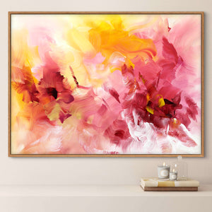 Vibrant abstract landscape painting | Colorful brushstrokes of pink, yellow, and orange create a dynamic, nature-inspired abstract artwork