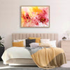 Vibrant abstract floral painting | Colorful pink and yellow flowers in a modern room setting
