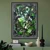 Vibrant Abstract Art | Emerald Veil 34x48" - Captivating taupe green modern painting with dynamic brush strokes, displayed on a minimalist shelf against a lush green backdrop.