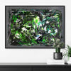 Fluid abstract art with bold, vibrant green and black hues. Textured canvas displays dynamic brushstrokes and splashes of color. Contemporary, modern artwork suitable for home or office decor.