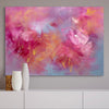 Large abstract canvas art with vibrant pink, yellow, and blue brushstrokes depicting dancing petals.