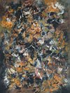 Abstract painting showcasing a vibrant, energetic composition featuring a dynamic blend of bold brushstrokes and vivid colors, including warm tones of orange, brown, and black, creating a captivating visual experience.