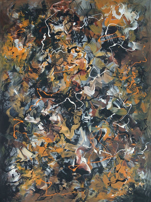 Abstract painting showcasing a vibrant, energetic composition featuring a dynamic blend of bold brushstrokes and vivid colors, including warm tones of orange, brown, and black, creating a captivating visual experience.