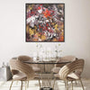 Gestural abstract artwork | Vibrant earthy-toned abstract painting on canvas displayed above a modern glass-topped dining table with beige upholstered chairs