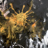Vibrant abstract painting with bold, expressive brushstrokes in yellow, black, and white hues, creating a dynamic, energetic visual composition.