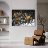 Captivating abstract landscape painting "Light Over The Ridge" showcased on minimalist white wall, surrounded by modern shelving and natural decor elements.