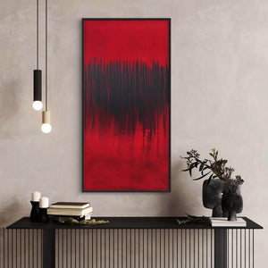 Vibrant abstract artwork in red and black, framed wall decor, minimalist home decor, modern geometric painting, artistic landscape.