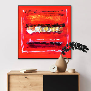 Abstract geometric art | Vibrant red and orange abstract painting depicting a secret path, displayed on a wooden cabinet with decorative items