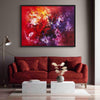 Vibrant abstract painting in red, purple, and orange hues displayed on a wall above a red sofa in a modern living room setting.