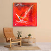 Vibrant Red Canvas Art | Reaching Out 38x38" - Bold, abstract painting featuring dynamic brushstrokes and vibrant red, orange, and white colors on a large canvas, creating a modern, eye-catching piece of art for the home or office.