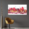 Large abstract landscape painting with bold, vibrant red and orange colors