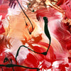 Vibrant abstract painting featuring bold brushstrokes in shades of red, orange, and pink, creating a dynamic and energetic composition.