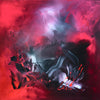 Abstract square canvas art with bold brushstrokes in vibrant red, purple, and black tones, creating a dynamic and expressive modern artwork.