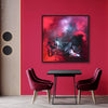 Modern abstract art | Vibrant red and black abstract painting in a modern home setting with a black table and red velvet chairs