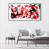 Large abstract landscape painting featuring bold brushstrokes in shades of crimson, black, and white, creating a dynamic and expressive artwork displayed in a modern living room setting.