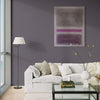 Rothko Art | Precious Moments II 100x130cm - Minimalist abstract painting with layered purple and gray hues, displayed on a living room wall with a white sofa, glass coffee table, and floor lamp.