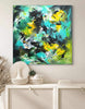 Vibrant abstract painting with lush foliage and bursts of color. Large canvas artwork featuring green leaves, splashes of yellow, and dynamic brushstrokes. Modern art piece suitable for home or office decor. Original abstract canvas painting by artist Paresh Nrshinga.