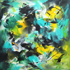 Colorful abstract square painting depicting vibrant green leaves and yellow elements against a dynamic, swirling background of turquoise, black, and yellow brushstrokes.