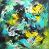 Colorful abstract square painting depicting vibrant green leaves and yellow elements against a dynamic, swirling background of turquoise, black, and yellow brushstrokes.