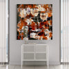 Vibrant abstract artwork | Large abstract painting with fiery orange and red tones, displayed on the wall above a modern white cabinet in a minimalist interior setting