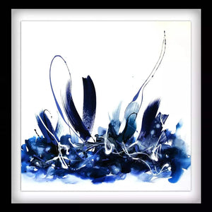 "Vibrant Feather Arrangement" - Artistic abstract print featuring a striking composition of bold blue and black feather-like shapes against a muted background, creating a visually captivating and modern wall decor piece.