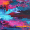 Colorful abstract landscape painting with vibrant pink, blue, orange, and red brushstrokes depicting an otherworldly, dreamlike scene.