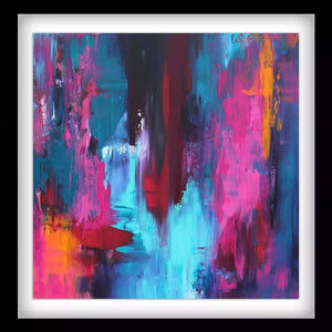 Vibrant abstract artwork titled "Another Haven" depicting a striking blend of bold colors, including vibrant pink, turquoise, and orange hues. The painting features dynamic brushstrokes and a sense of movement, creating a captivating and visually engaging abstract composition.