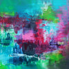 "Vibrant Abstract Artwork" - Large abstract painting with bold strokes and colors, featuring shades of green, blue, pink, and red on a textured canvas.
