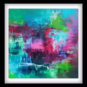 Vibrant abstract art print titled "Twilight Of Magic II" by Paresh Nrshinga. Featuring bold, earthy color palette with brushstrokes of green, blue, pink, and red. This modern, large-scale artwork would make an eye-catching addition to any home or office wall.