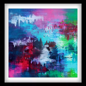 Vibrant abstract landscape with textural brush strokes and striking color combinations of blue, pink, green, and red, conveying a sense of energy and movement. The image depicts a conceptual, imaginative scene without any specific identifiable objects or locations.