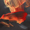 Expressionistic abstract artwork with bold, fiery strokes of red, orange, and black paint on a dark background, depicting an intense, energetic visual.