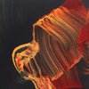 Vibrant abstract painting with bold, expressive brushstrokes in shades of red, orange, and black